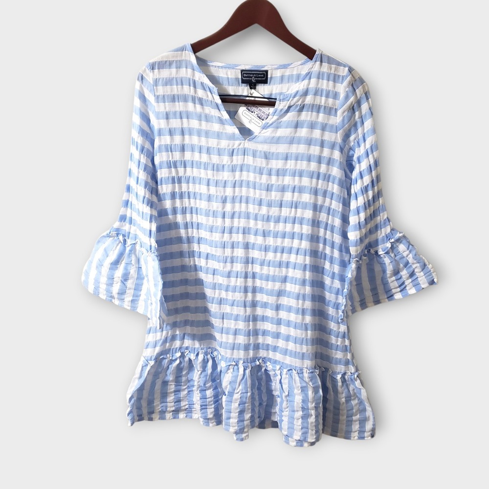 NWT Duffield Lane Colony Seersucker Stripe Bell Sleeve Peplum Tunic Top Blue Sm